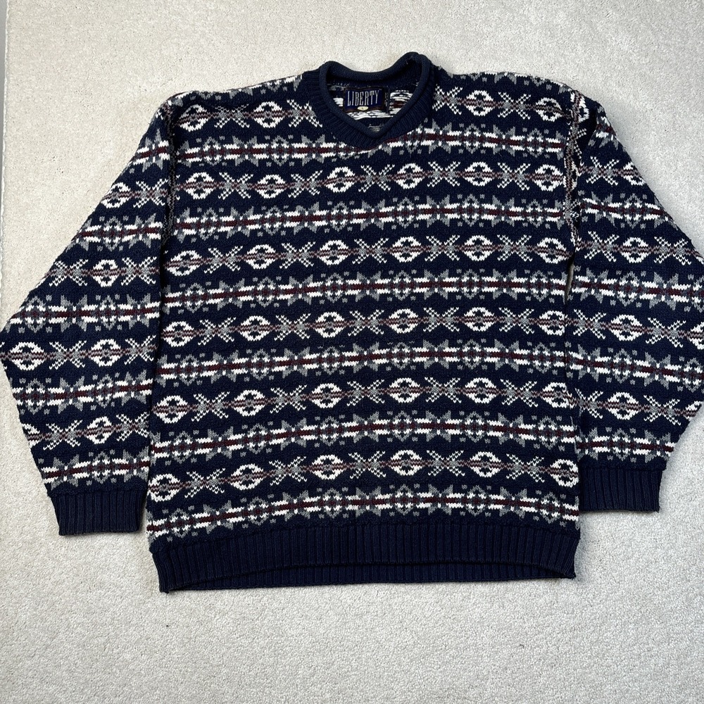 VINTAGE Liberty Sweater Adult‎ Large Multicolor Geometric Holiday USA Made READ